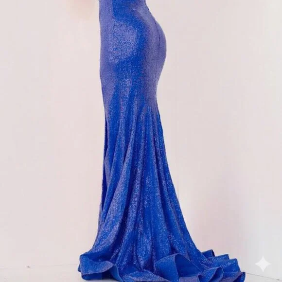 open lace back dress Sparkly Royal Blue Sequin One Shoulder Sheath Mini Dresses/ Homecoming –  SposaBridal main image 0